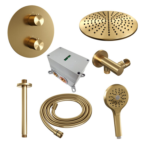 Brauer Brauer Gold Edition Regendoucheset: Thermostatische Inbouwkraan met 3-Weg Omstel, Plafondarm, Douchekop Ø30cm, Wandaansluitbocht, 3-Standen Handdouche & Doucheslang - Set 84 - Draaiknoppen - Geborsteld Goud