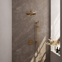 Brauer Brauer Gold Edition Regendoucheset: Thermostatische Inbouwkraan met 3-Weg Omstel, Rechte Wandarm, Douchekop 30cm, Geintegreerde Glijstang, Staafhanddouche & Doucheslang - Set 86 - Draaiknoppen - Geborsteld Goud