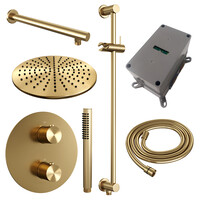 Brauer Brauer Gold Edition Regendoucheset: Thermostatische Inbouwkraan met 3-Weg Omstel, Rechte Wandarm, Douchekop 30cm, Geintegreerde Glijstang, Staafhanddouche & Doucheslang - Set 86 - Draaiknoppen - Geborsteld Goud