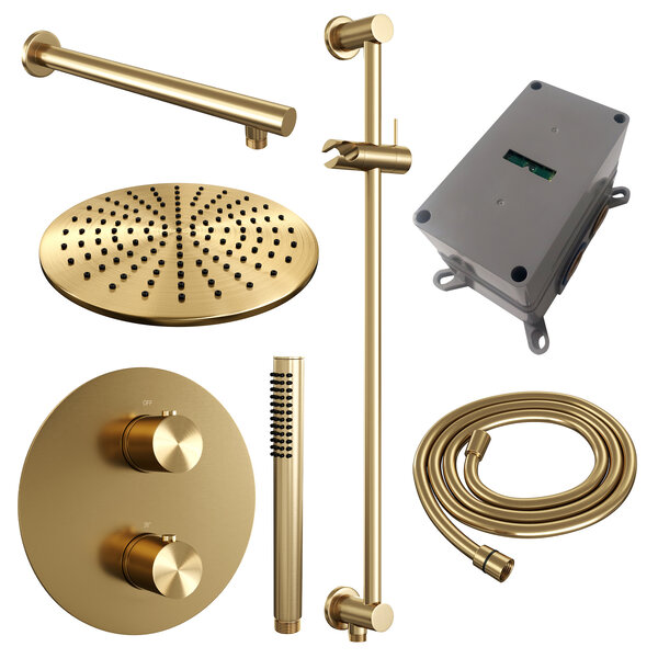 Brauer Brauer Gold Edition Regendoucheset: Thermostatische Inbouwkraan met 3-Weg Omstel, Rechte Wandarm, Douchekop 30cm, Geintegreerde Glijstang, Staafhanddouche & Doucheslang - Set 86 - Draaiknoppen - Geborsteld Goud