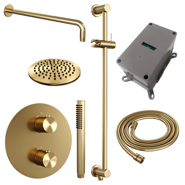 Brauer Brauer Gold Edition Regendoucheset: Thermostatische Inbouwkraan met 3-Weg Omstel, Gebogen Wandarm, Douchekop Ø20cm, Geintegreerde Glijstang, Staafhanddouche & Doucheslang - Set 87 - Draaiknoppen - Geborsteld Goud