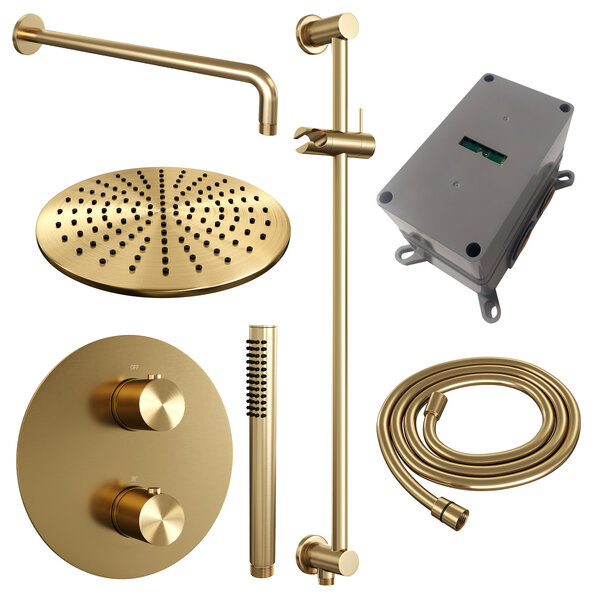 Brauer Brauer Gold Edition Regendoucheset: Thermostatische Inbouwkraan met 3-Weg Omstel, Gebogen Wandarm, Douchekop Ø30cm, Geintegreerde Glijstang, Staafhanddouche & Doucheslang - Set 88 - Draaiknoppen - Geborsteld Goud