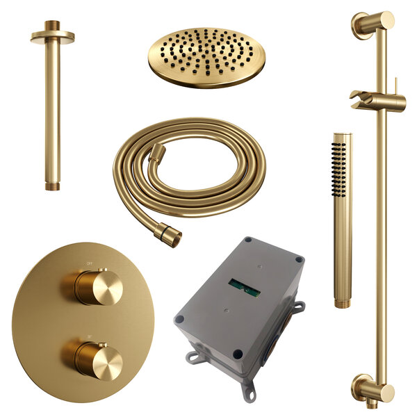 Brauer Brauer Gold Edition Regendoucheset: Thermostatische Inbouwkraan met 3-Weg Omstel, Plafondarm, Douchekop Ø20cm, Geintegreerde Glijstang, Staafhanddouche & Doucheslang - Set 89 - Draaiknoppen - Geborsteld Goud