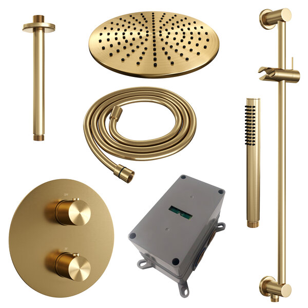 Brauer Brauer Gold Edition Regendoucheset: Thermostatische Inbouwkraan met 3-Weg Omstel, Plafondarm, Douchekop Ø30cm, Geintegreerde Glijstang, Staafhanddouche & Doucheslang - Set 90 - Draaiknoppen - Geborsteld Goud