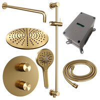 Brauer Brauer Gold Edition Regendoucheset: Thermostatische Inbouwkraan met 3-Weg Omstel, Gebogen Wandarm, Douchekop Ø30cm, Geintegreerde Glijstang, 3-Standen Handdouche & Doucheslang - Set 94 - Draaiknoppen - Geborsteld Goud