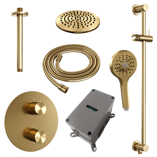 Brauer Brauer Gold Edition Regendoucheset: Thermostatische Inbouwkraan met 3-Weg Omstel, Plafondarm, Douchekop Ø20cm, Geintegreerde Glijstang, 3-Standen Handdouche & Doucheslang - Set 95 - Draaiknoppen - Geborsteld Goud