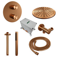 Brauer Brauer Copper Edition Regendoucheset: Thermostatische Inbouwkraan met 3-Weg Omstel, Plafondarm, Douchekop Ø30cm, Wandaansluitbocht, Staafhanddouche & Doucheslang - Set 78 - Draaiknoppen - Geborsteld Koper