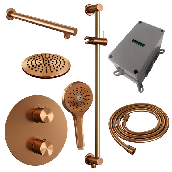 Brauer Brauer Copper Edition Regendoucheset: Thermostatische Inbouwkraan met 3-Weg Omstel, Rechte Wandarm, Douchekop Ø20cm, Geintegreerde Glijstang, 3-Standen Handdouche & Doucheslang - Set 91 - Draaiknoppen - Geborsteld Koper