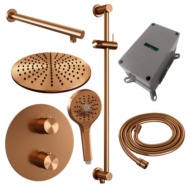 Brauer Brauer Copper Edition Regendoucheset: Thermostatische Inbouwkraan met 3-Weg Omstel, Rechte Wandarm, Douchekop Ø30cm, Geintegreerde Glijstang, 3-Standen Handdouche & Doucheslang - Set 92 - Draaiknoppen - Geborsteld Koper