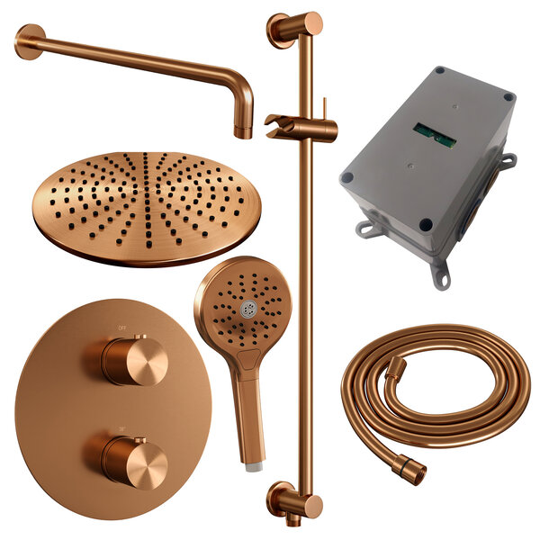 Brauer Brauer Copper Edition Regendoucheset: Thermostatische Inbouwkraan met 3-Weg Omstel, Gebogen Wandarm, Douchekop Ø30cm, Geintegreerde Glijstang, 3-Standen Handdouche & Doucheslang - Set 94 - Draaiknoppen - Geborsteld Koper