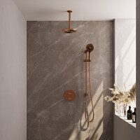Brauer Brauer Copper Edition Regendoucheset: Thermostatische Inbouwkraan met 3-Weg Omstel, Plafondarm, Douchekop 20cm, Geintegreerde Glijstang, 3-Standen Handdouche & Doucheslang - Set 95 - Draaiknoppen - Geborsteld Koper