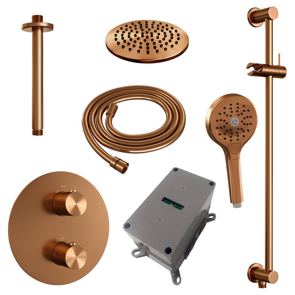 Brauer Brauer Copper Edition Regendoucheset: Thermostatische Inbouwkraan met 3-Weg Omstel, Plafondarm, Douchekop 20cm, Geintegreerde Glijstang, 3-Standen Handdouche & Doucheslang - Set 95 - Draaiknoppen - Geborsteld Koper