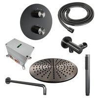 Brauer Brauer Gunmetal Edition Regendoucheset: Thermostatische Inbouwkraan met 3-Weg Omstel, Gebogen Wandarm, Douchekop Ø30cm, Wandaansluitbocht, Staafhanddouche & Doucheslang - Set 76 - Draaiknoppen - Geborsteld Gunmetal