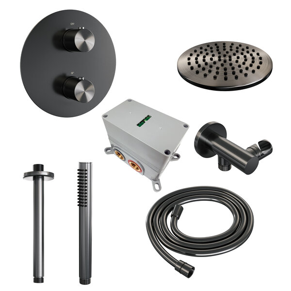 Brauer Brauer Gunmetal Edition Regendoucheset: Thermostatische Inbouwkraan met 3-Weg Omstel, Plafondarm, Douchekop 20cm, Wandaansluitbocht, Staafhanddouche & Doucheslang - Set 77 - Draaiknoppen - Geborsteld Gunmetal