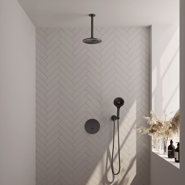 Brauer Brauer Gunmetal Edition Regendoucheset: Thermostatische Inbouwkraan met 3-Weg Omstel, Plafondarm, Douchekop 20cm, Wandaansluitbocht, 3-Standen Handdouche & Doucheslang - Set 83 - Draaiknoppen - Geborsteld Gunmetal