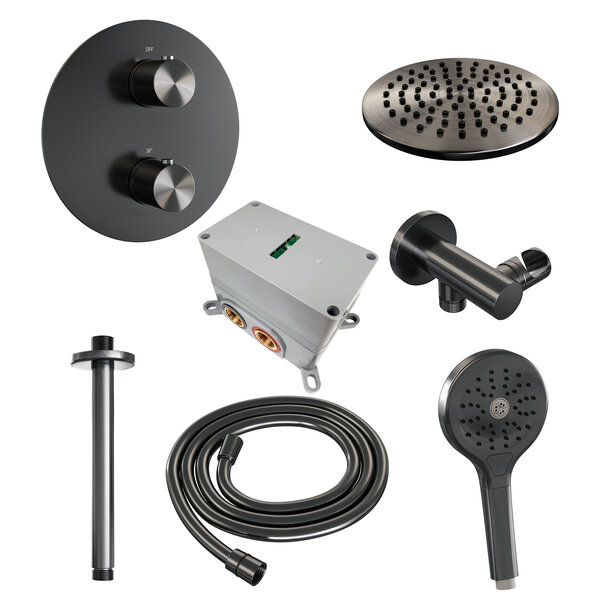 Brauer Brauer Gunmetal Edition Regendoucheset: Thermostatische Inbouwkraan met 3-Weg Omstel, Plafondarm, Douchekop 20cm, Wandaansluitbocht, 3-Standen Handdouche & Doucheslang - Set 83 - Draaiknoppen - Geborsteld Gunmetal