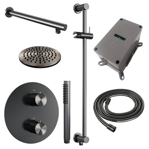 Brauer Brauer Gunmetal Edition Regendoucheset: Thermostatische Inbouwkraan met 3-Weg Omstel, Rechte Wandarm, Douchekop Ø20cm, Geintegreerde Glijstang, Staafhanddouche & Doucheslang - Set 85 - Draaiknoppen - Geborsteld Gunmetal