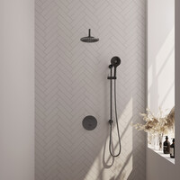 Brauer Brauer Gunmetal Edition Regendoucheset: Thermostatische Inbouwkraan met 3-Weg Omstel, Gebogen Wandarm, Douchekop 20cm, Geintegreerde Glijstang, 3-Standen Handdouche & Doucheslang - Set 93 - Draaiknoppen - Geborsteld Gunmetal