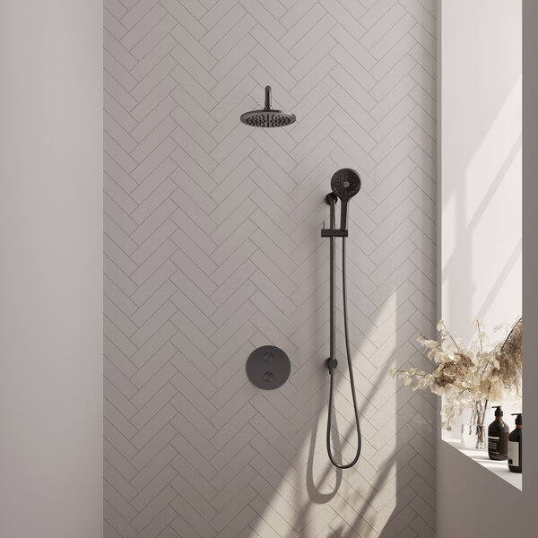 Brauer Brauer Gunmetal Edition Regendoucheset: Thermostatische Inbouwkraan met 3-Weg Omstel, Gebogen Wandarm, Douchekop 20cm, Geintegreerde Glijstang, 3-Standen Handdouche & Doucheslang - Set 93 - Draaiknoppen - Geborsteld Gunmetal