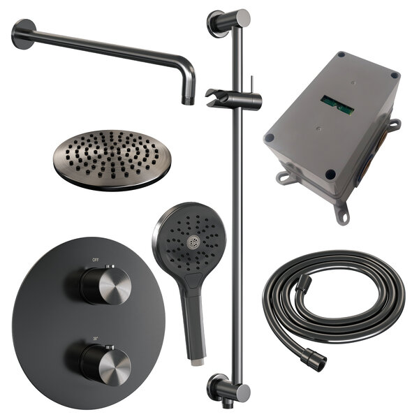 Brauer Brauer Gunmetal Edition Regendoucheset: Thermostatische Inbouwkraan met 3-Weg Omstel, Gebogen Wandarm, Douchekop 20cm, Geintegreerde Glijstang, 3-Standen Handdouche & Doucheslang - Set 93 - Draaiknoppen - Geborsteld Gunmetal