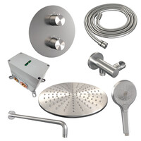 Brauer Brauer Brushed Edition Regendoucheset: Thermostatische Inbouwkraan met 3-Weg Omstel, Gebogen Wandarm, Douchekop Ø30cm, Wandaansluitbocht, 3-Standen Handdouche & Doucheslang - Set 82 - Draaiknoppen - Geborsteld RVS