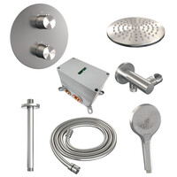 Brauer Brauer Brushed Edition Regendoucheset: Thermostatische Inbouwkraan met 3-Weg Omstel, Plafondarm, Douchekop Ø20cm, Wandaansluitbocht, 3-Standen Handdouche & Doucheslang - Set 83 - Draaiknoppen - Geborsteld RVS