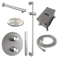 Brauer Brauer Brushed Edition Regendoucheset: Thermostatische Inbouwkraan met 3-Weg Omstel, Rechte Wandarm, Douchekop 20cm, Geintegreerde Glijstang, Staafhanddouche & Doucheslang - Set 85 - Draaiknoppen - Geborsteld RVS