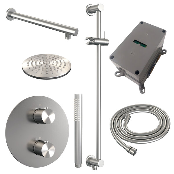 Brauer Brauer Brushed Edition Regendoucheset: Thermostatische Inbouwkraan met 3-Weg Omstel, Rechte Wandarm, Douchekop 20cm, Geintegreerde Glijstang, Staafhanddouche & Doucheslang - Set 85 - Draaiknoppen - Geborsteld RVS