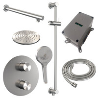 Brauer Brauer Brushed Edition Regendoucheset: Thermostatische Inbouwkraan met 3-Weg Omstel, Rechte Wandarm, Douchekop Ø20cm, Geintegreerde Glijstang, 3-Standen Handdouche & Doucheslang - Set 91 - Draaiknoppen - Geborsteld RVS