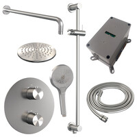 Brauer Brauer Brushed Edition Regendoucheset: Thermostatische Inbouwkraan met 3-Weg Omstel, Gebogen Wandarm, Douchekop 20cm, Geintegreerde Glijstang, 3-Standen Handdouche & Doucheslang - Set 93 - Draaiknoppen - Geborsteld RVS