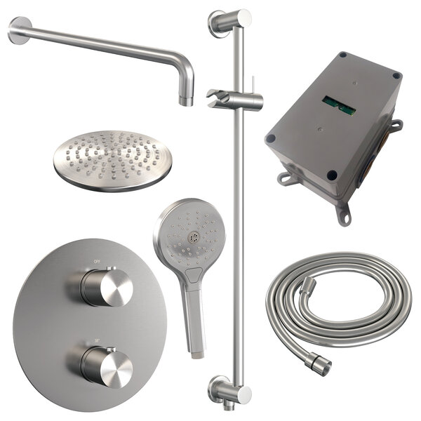 Brauer Brauer Brushed Edition Regendoucheset: Thermostatische Inbouwkraan met 3-Weg Omstel, Gebogen Wandarm, Douchekop 20cm, Geintegreerde Glijstang, 3-Standen Handdouche & Doucheslang - Set 93 - Draaiknoppen - Geborsteld RVS