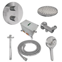 Brauer Brauer Chrome Carving Regendoucheset: Thermostatische Inbouwkraan met 3-Weg Omstel, Plafondarm, Douchekop 20cm, Wandaansluitbocht, 3-Standen Handdouche & Doucheslang - Set 83 - Draaiknoppen - Chroom