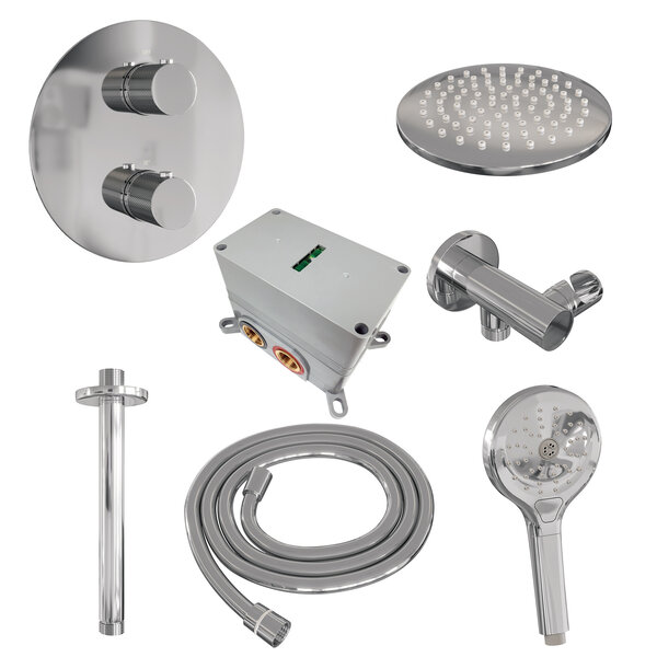 Brauer Brauer Chrome Carving Regendoucheset: Thermostatische Inbouwkraan met 3-Weg Omstel, Plafondarm, Douchekop 20cm, Wandaansluitbocht, 3-Standen Handdouche & Doucheslang - Set 83 - Draaiknoppen - Chroom