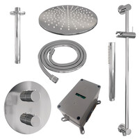 Brauer Brauer Chrome Carving Regendoucheset: Thermostatische Inbouwkraan met 3-Weg Omstel, Plafondarm, Douchekop 30cm, Geintegreerde Glijstang, Staafhanddouche & Doucheslang - Set 90 - Draaiknoppen - Chroom