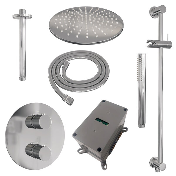 Brauer Brauer Chrome Carving Regendoucheset: Thermostatische Inbouwkraan met 3-Weg Omstel, Plafondarm, Douchekop 30cm, Geintegreerde Glijstang, Staafhanddouche & Doucheslang - Set 90 - Draaiknoppen - Chroom