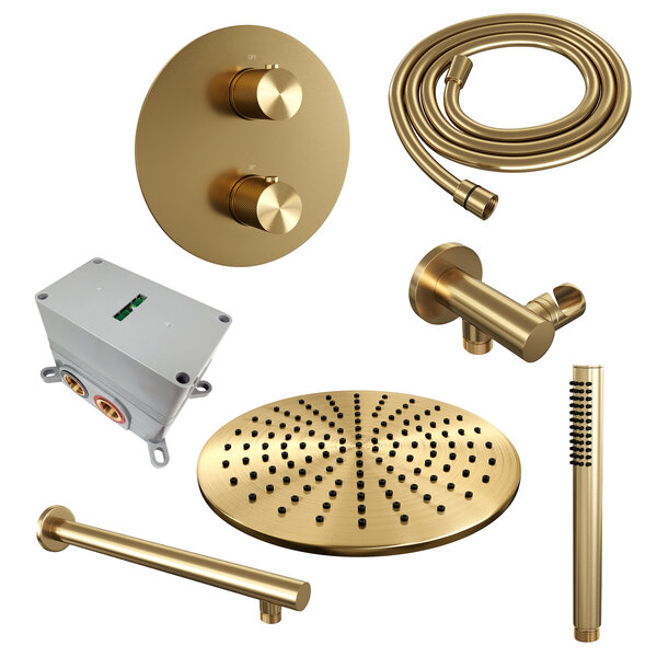 Brauer Brauer Gold Carving Regendoucheset: Thermostatische Inbouwkraan met 3-Weg Omstel, Rechte Wandarm, Douchekop Ø30cm, Wandaansluitbocht, Staafhanddouche & Doucheslang - Set 74 - Draaiknoppen - Geborsteld Goud