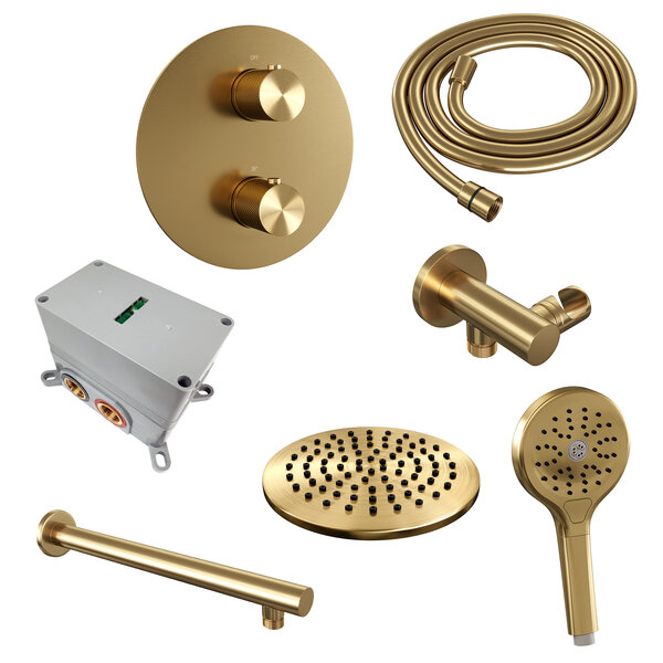 Brauer Brauer Gold Carving Regendoucheset: Thermostatische Inbouwkraan met 3-Weg Omstel, Rechte Wandarm, Douchekop Ø20cm, Wandaansluitbocht, 3-Standen Handdouche & Doucheslang - Set 79 - Draaiknoppen - Geborsteld Goud