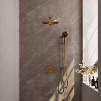 Brauer Brauer Gold Carving Regendoucheset: Thermostatische Inbouwkraan met 3-Weg Omstel, Rechte Wandarm, Douchekop 30cm, Geintegreerde Glijstang, 3-Standen Handdouche & Doucheslang - Set 92 - Draaiknoppen - Geborsteld Goud