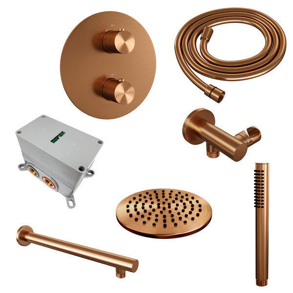 Brauer Brauer Copper Carving Regendoucheset: Thermostatische Inbouwkraan met 3-Weg Omstel, Rechte Wandarm, Douchekop 20cm, Wandaansluitbocht, Staafhanddouche & Doucheslang - Set 73 - Draaiknoppen - Geborsteld Koper