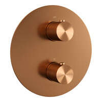 Brauer Brauer Copper Carving Regendoucheset: Thermostatische Inbouwkraan met 3-Weg Omstel, Rechte Wandarm, Douchekop 20cm, Wandaansluitbocht, Staafhanddouche & Doucheslang - Set 73 - Draaiknoppen - Geborsteld Koper