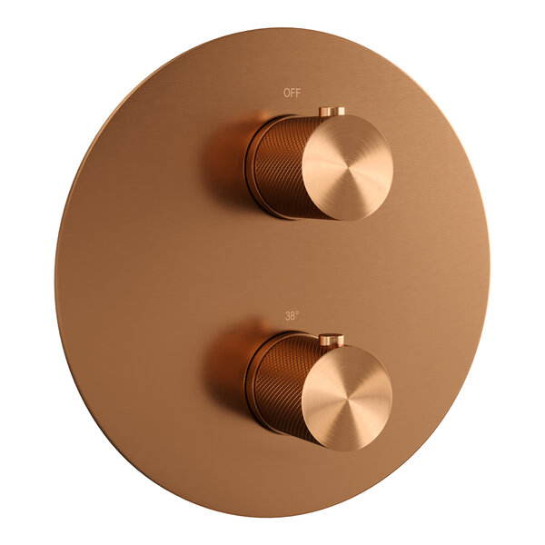 Brauer Brauer Copper Carving Regendoucheset: Thermostatische Inbouwkraan met 3-Weg Omstel, Rechte Wandarm, Douchekop 20cm, Wandaansluitbocht, Staafhanddouche & Doucheslang - Set 73 - Draaiknoppen - Geborsteld Koper