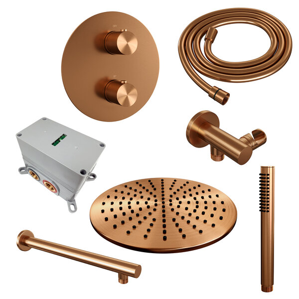 Brauer Brauer Copper Carving Regendoucheset: Thermostatische Inbouwkraan met 3-Weg Omstel, Rechte Wandarm, Douchekop Ø30cm, Wandaansluitbocht, Staafhanddouche & Doucheslang - Set 74 - Draaiknoppen - Geborsteld Koper