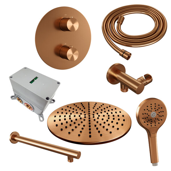 Brauer Brauer Copper Carving Regendoucheset: Thermostatische Inbouwkraan met 3-Weg Omstel, Rechte Wandarm, Douchekop Ø30cm, Wandaansluitbocht, 3-Standen Handdouche & Doucheslang - Set 80 - Draaiknoppen - Geborsteld Koper