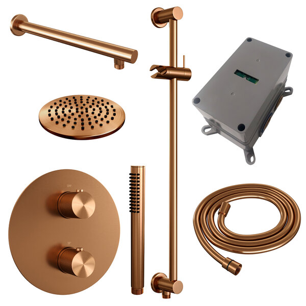 Brauer Brauer Copper Carving Regendoucheset: Thermostatische Inbouwkraan met 3-Weg Omstel, Rechte Wandarm, Douchekop Ø20cm, Geintegreerde Glijstang, Staafhanddouche & Doucheslang - Set 85 - Draaiknoppen - Geborsteld Koper