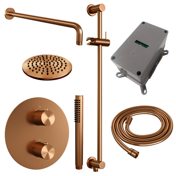 Brauer Brauer Copper Carving Regendoucheset: Thermostatische Inbouwkraan met 3-Weg Omstel, Gebogen Wandarm, Douchekop Ø20cm, Geintegreerde Glijstang, Staafhanddouche & Doucheslang - Set 87 - Draaiknoppen - Geborsteld Koper