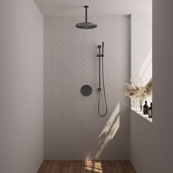 Brauer Brauer Gunmetal Carving Regendoucheset: Thermostatische Inbouwkraan met 3-Weg Omstel, Plafondarm, Douchekop 30cm, Geintegreerde Glijstang, Staafhanddouche & Doucheslang - Set 90 - Draaiknoppen - Geborsteld Gunmetal