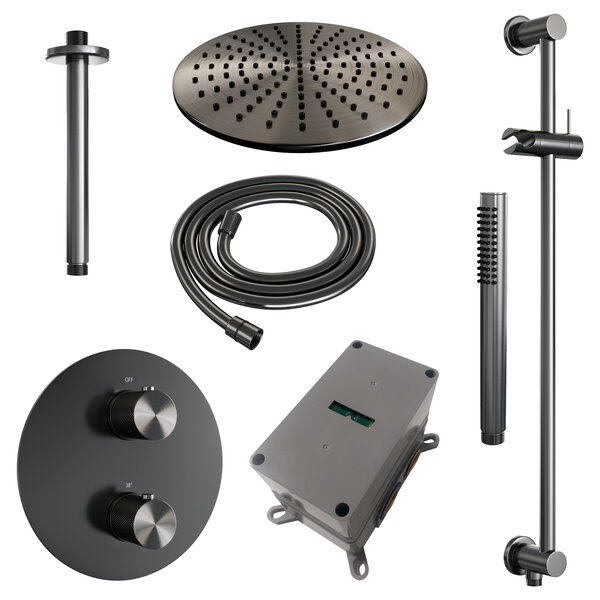 Brauer Brauer Gunmetal Carving Regendoucheset: Thermostatische Inbouwkraan met 3-Weg Omstel, Plafondarm, Douchekop 30cm, Geintegreerde Glijstang, Staafhanddouche & Doucheslang - Set 90 - Draaiknoppen - Geborsteld Gunmetal