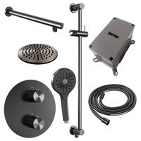 Brauer Brauer Gunmetal Carving Regendoucheset: Thermostatische Inbouwkraan met 3-Weg Omstel, Rechte Wandarm, Douchekop Ø20cm, Geintegreerde Glijstang, 3-Standen Handdouche & Doucheslang - Set 91 - Draaiknoppen - Geborsteld Gunmetal