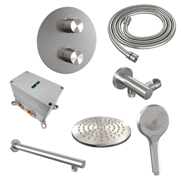 Brauer Brauer Brushed Carving Regendoucheset: Thermostatische Inbouwkraan met 3-Weg Omstel, Rechte Wandarm, Douchekop 20cm, Wandaansluitbocht, 3-Standen Handdouche & Doucheslang - Set 79 - Draaiknoppen - Geborsteld RVS
