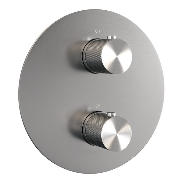 Brauer Brauer Brushed Carving Regendoucheset: Thermostatische Inbouwkraan met 3-Weg Omstel, Rechte Wandarm, Douchekop 20cm, Wandaansluitbocht, 3-Standen Handdouche & Doucheslang - Set 79 - Draaiknoppen - Geborsteld RVS